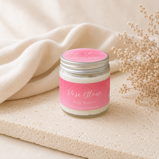 Rose Glow Body Butter jar — small-batch handcrafted rose tallow body butter for dry skin | Radiant Roots Wellness