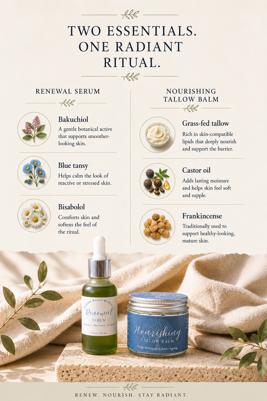 The Radiant Ritual Essentials Nourishing Tallow + Radiant Renewal Serum