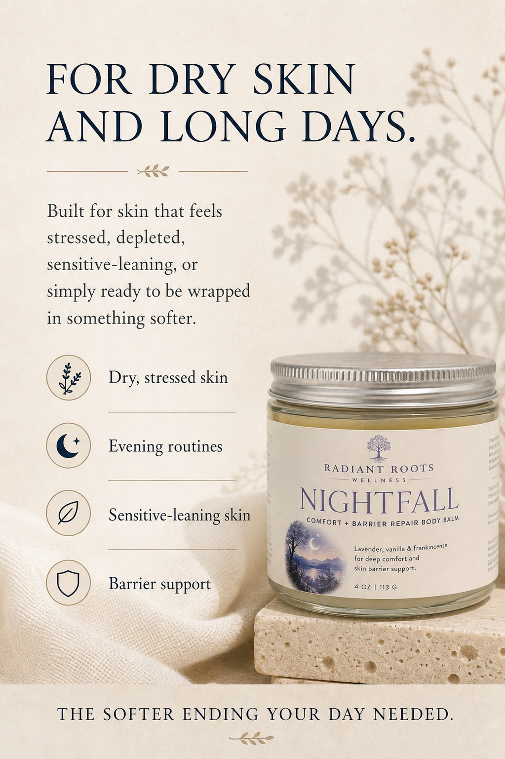 Nightfall Body Balm — who it's for, mature skin needing deep evening moisture