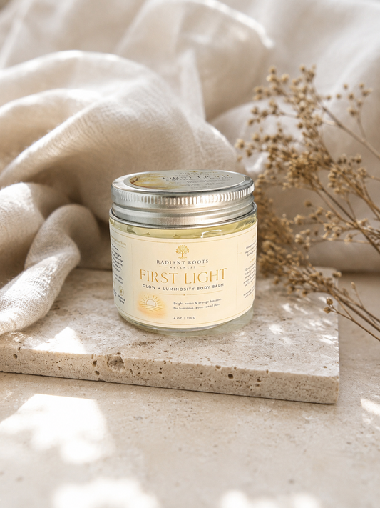 First Light Body Balm jar — whipped tallow morning body balm with neroli citrus florals by Radiant Roots Wellness