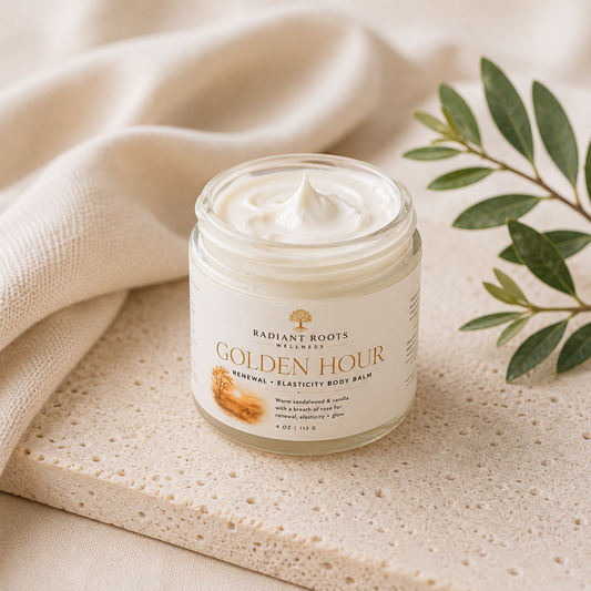 The Golden Hour Body Balm — tallow + rosehip + sandalwood body cream for mature dry skin | Radiant Roots Wellness