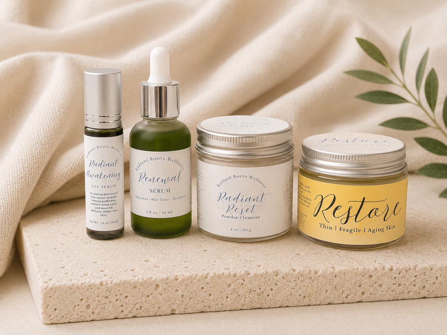 The Complete Radiant Ritual — full skincare ritual flatlay with Reset, Renewal, Nourishing, and Restore | Radiant Roots Wellness