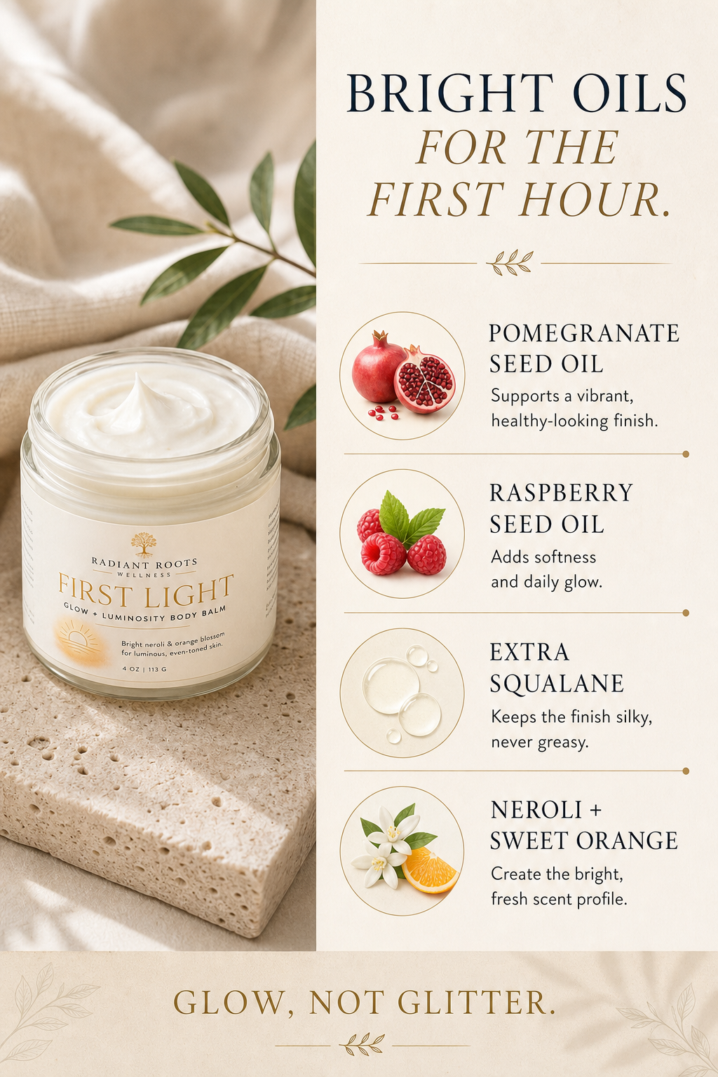 First Light Body Balm — ingredient spotlight, grass-fed tallow with neroli essential oil