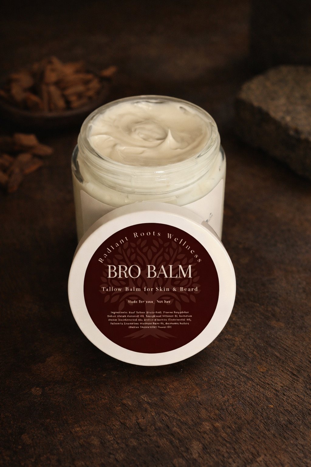 Bro Balm jar — tallow skin and beard balm by Radiant Roots Wellness