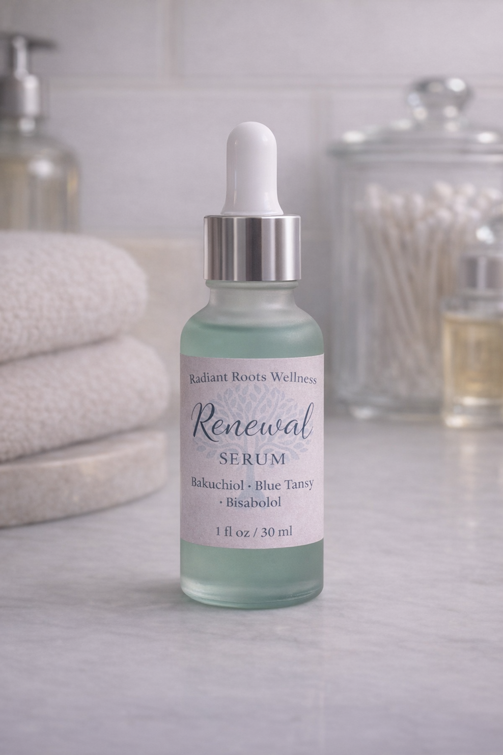 Radiant Renewal Serum bottle — bakuchiol and blue tansy face serum