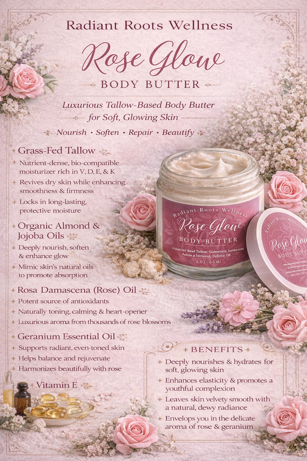 Rose Glow Body Butter — applied to skin showing botanical rose scent