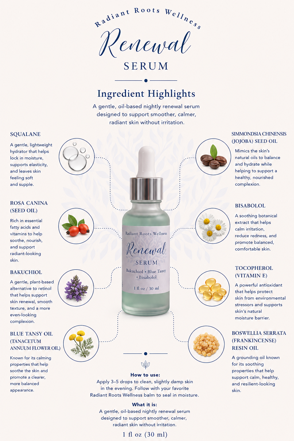 Radiant Renewal Serum — close-up of soft blue botanical oil