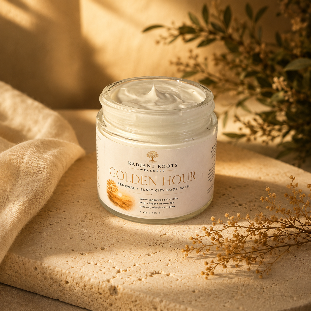 Golden Hour Body Balm jar — whipped tallow body balm with rosehip, tamanu, and sea buckthorn by Radiant Roots Wellness