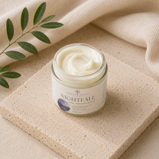 Nightfall Body Balm jar — whipped tallow evening body balm with lavender botanicals by Radiant Roots Wellness