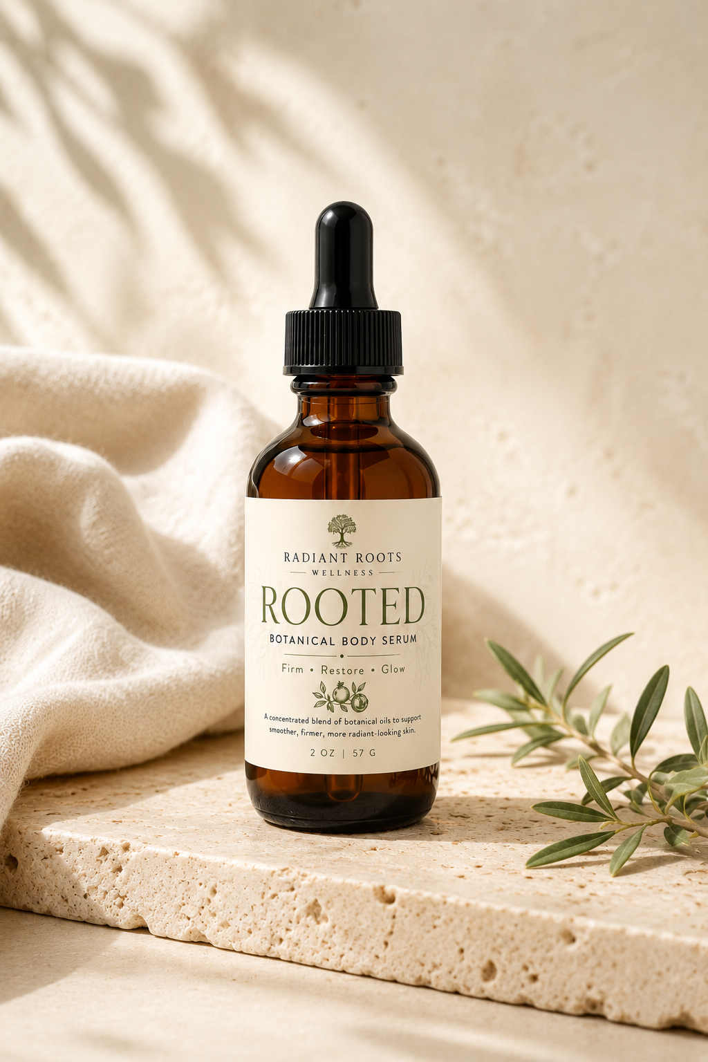 Rooted Body Serum bottle — vegan botanical treatment oil with squalane, rosehip, and frankincense by Radiant Roots Wellness