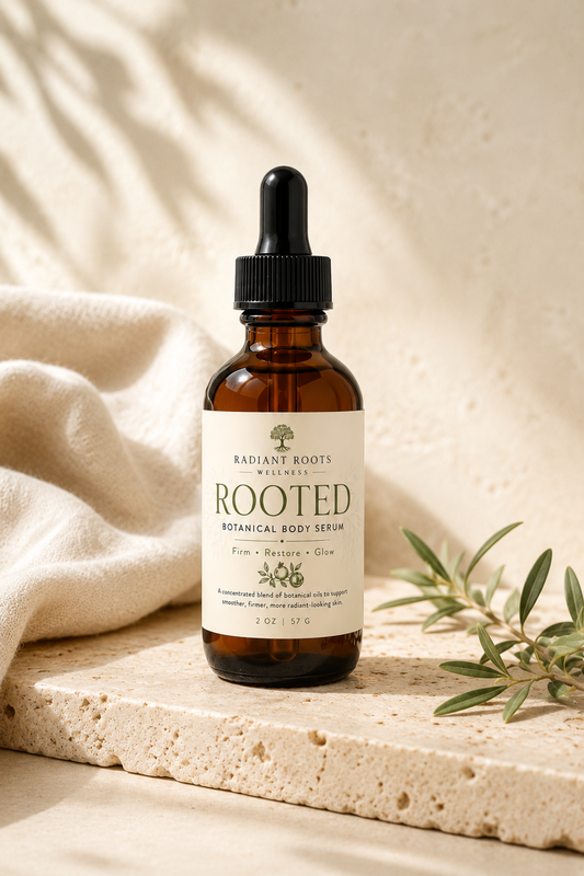 Rooted Body Serum bottle — vegan botanical treatment oil with squalane, rosehip, and frankincense by Radiant Roots Wellness