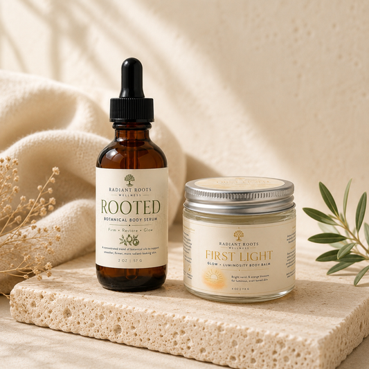 Radiant Body Ritual set — Rooted Body Serum paired with a Radiant Hours body balm by Radiant Roots Wellness