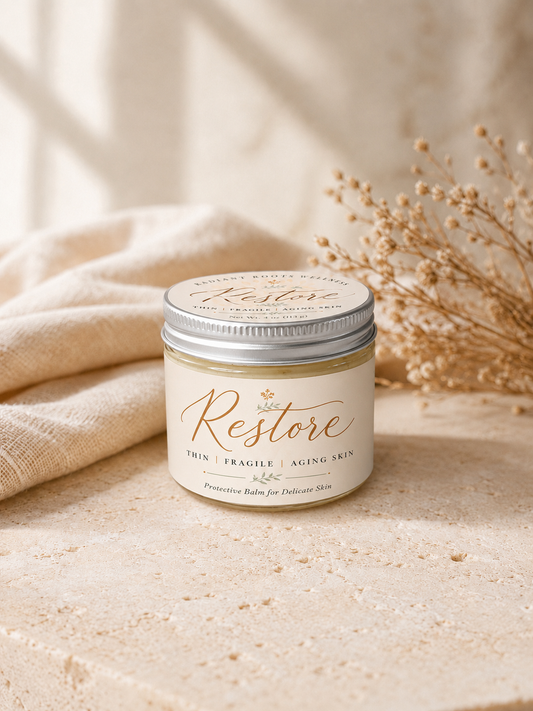 Radiant Restore — tallow balm with rosehip, tamanu, and helichrysum for delicate, mature-looking skin | Radiant Roots Wellness